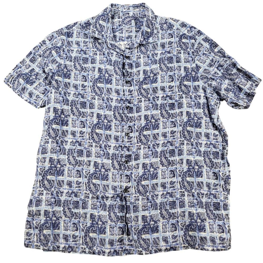 Tasso Elba Mens XL Blue Paisley 100% Linen Short Sleeve Button Up Shirt SP20